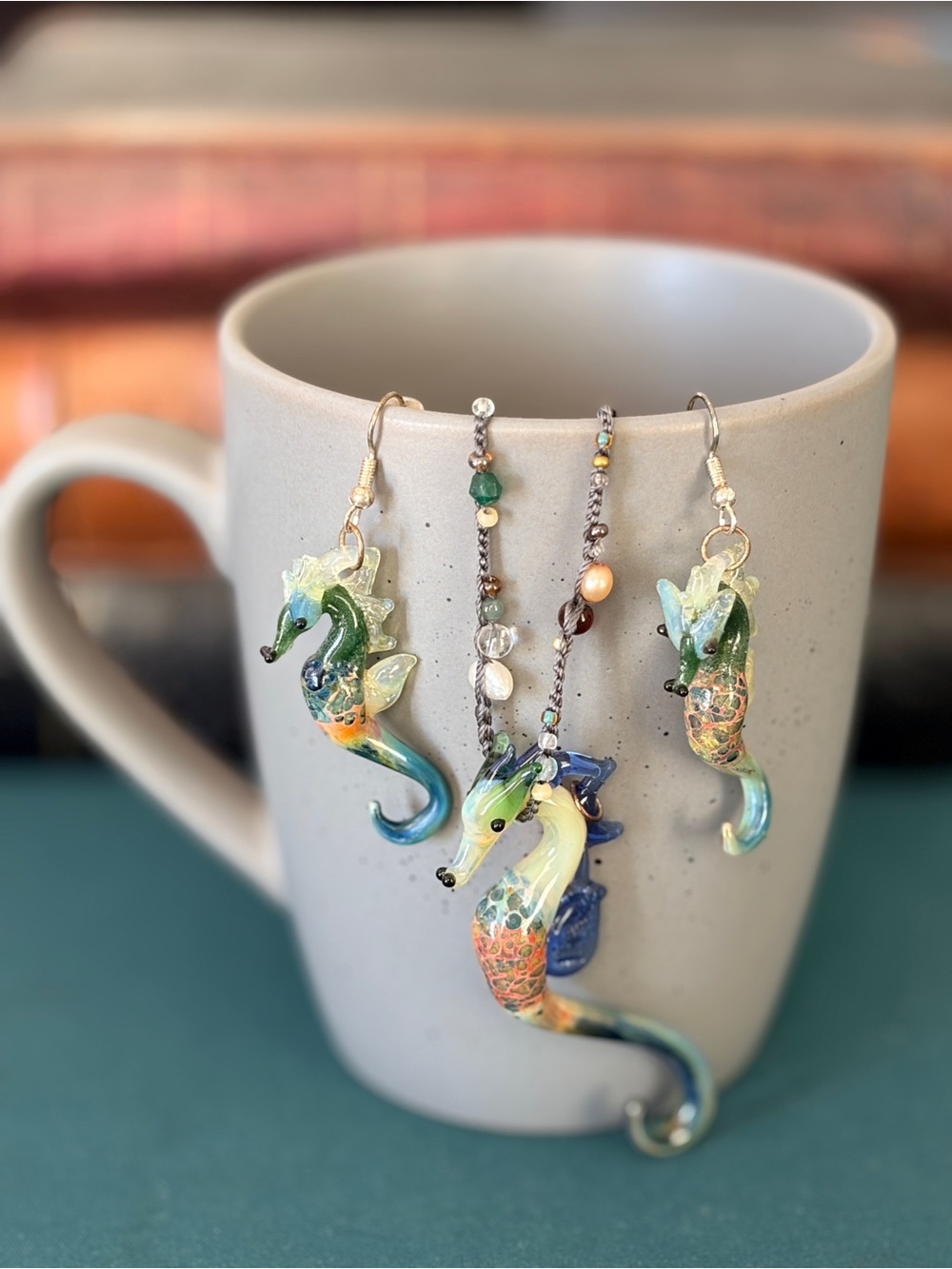 Handmade Multicolor Glass Seahorse Necklace and Earrings Set